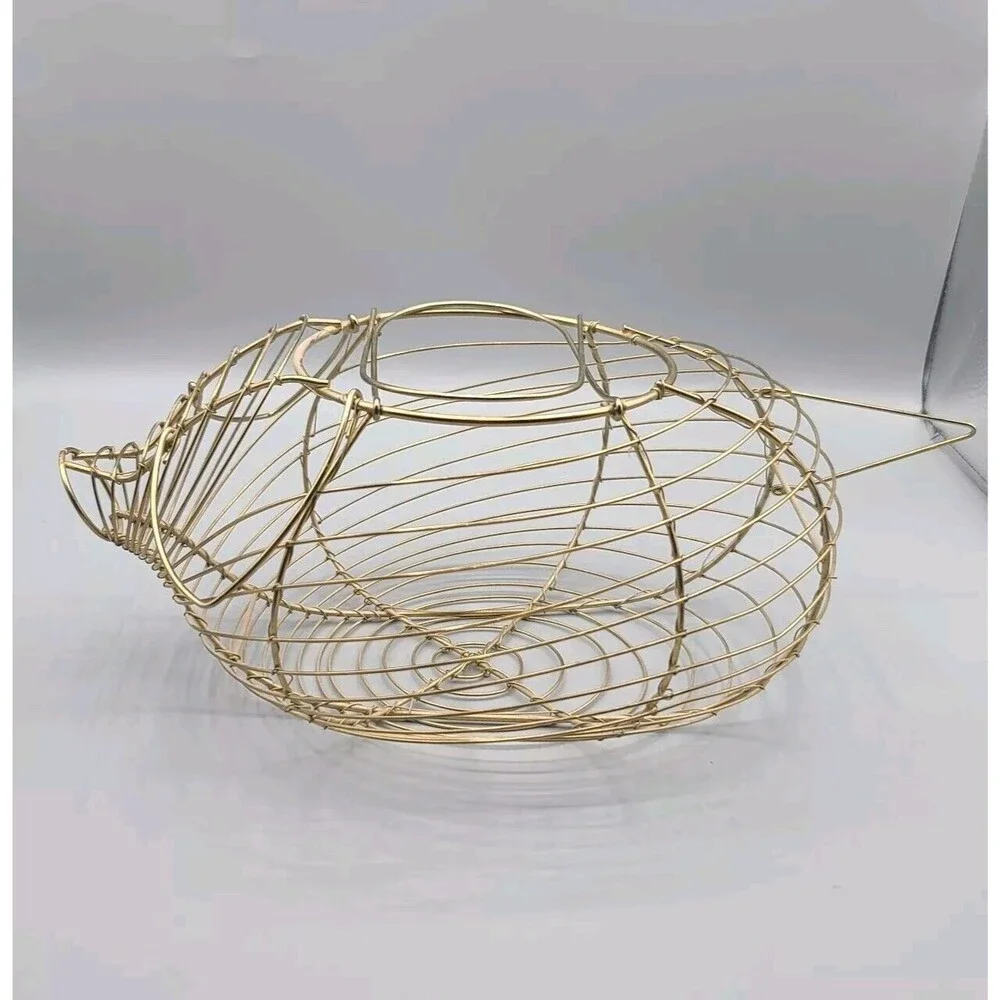 Vintage Pig Shaped Egg Basket Made of Gold Tone Metal Wire Farm House Decor